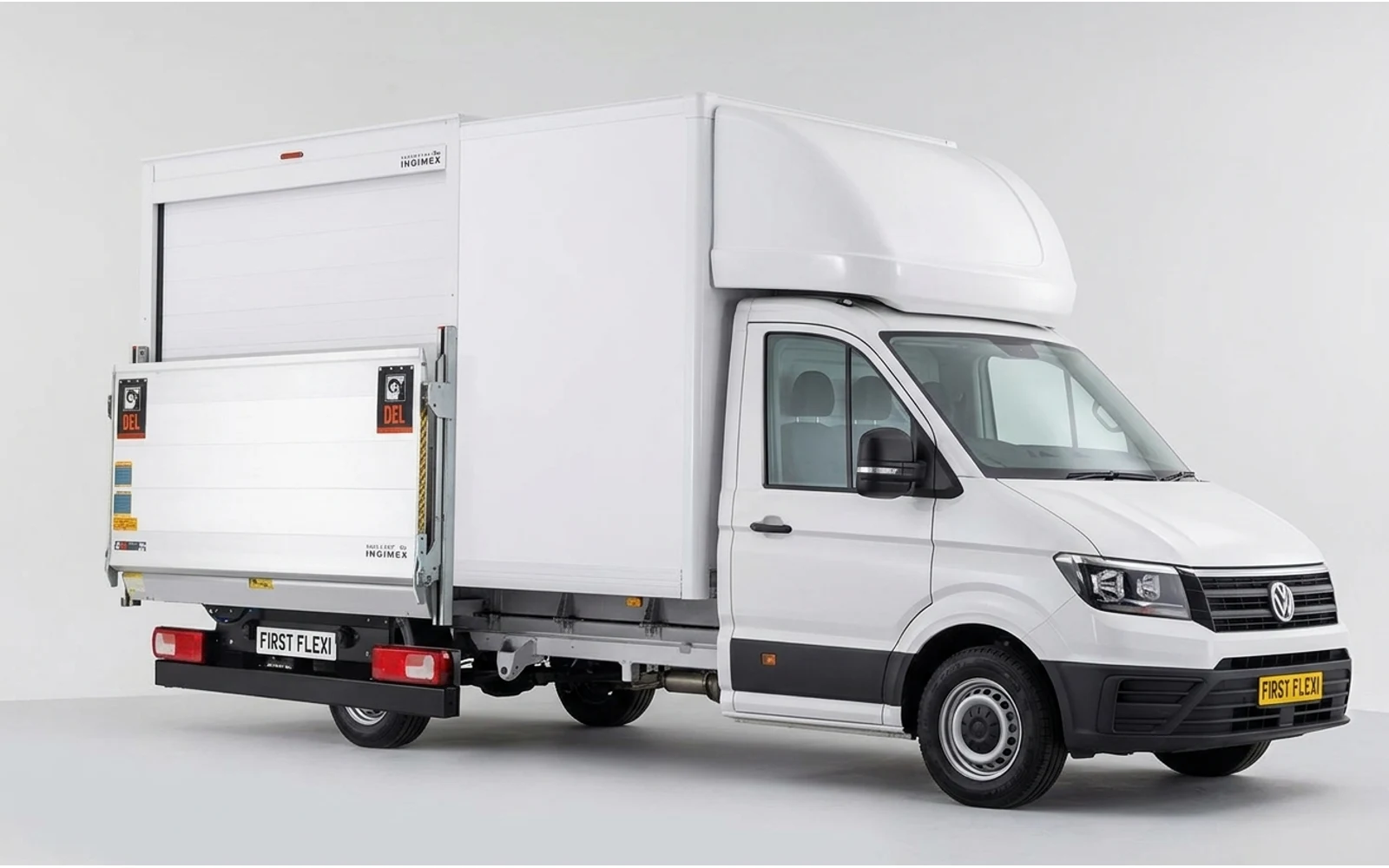 Rear-view of a white Volkswagen Crafter Cr35 box truck.