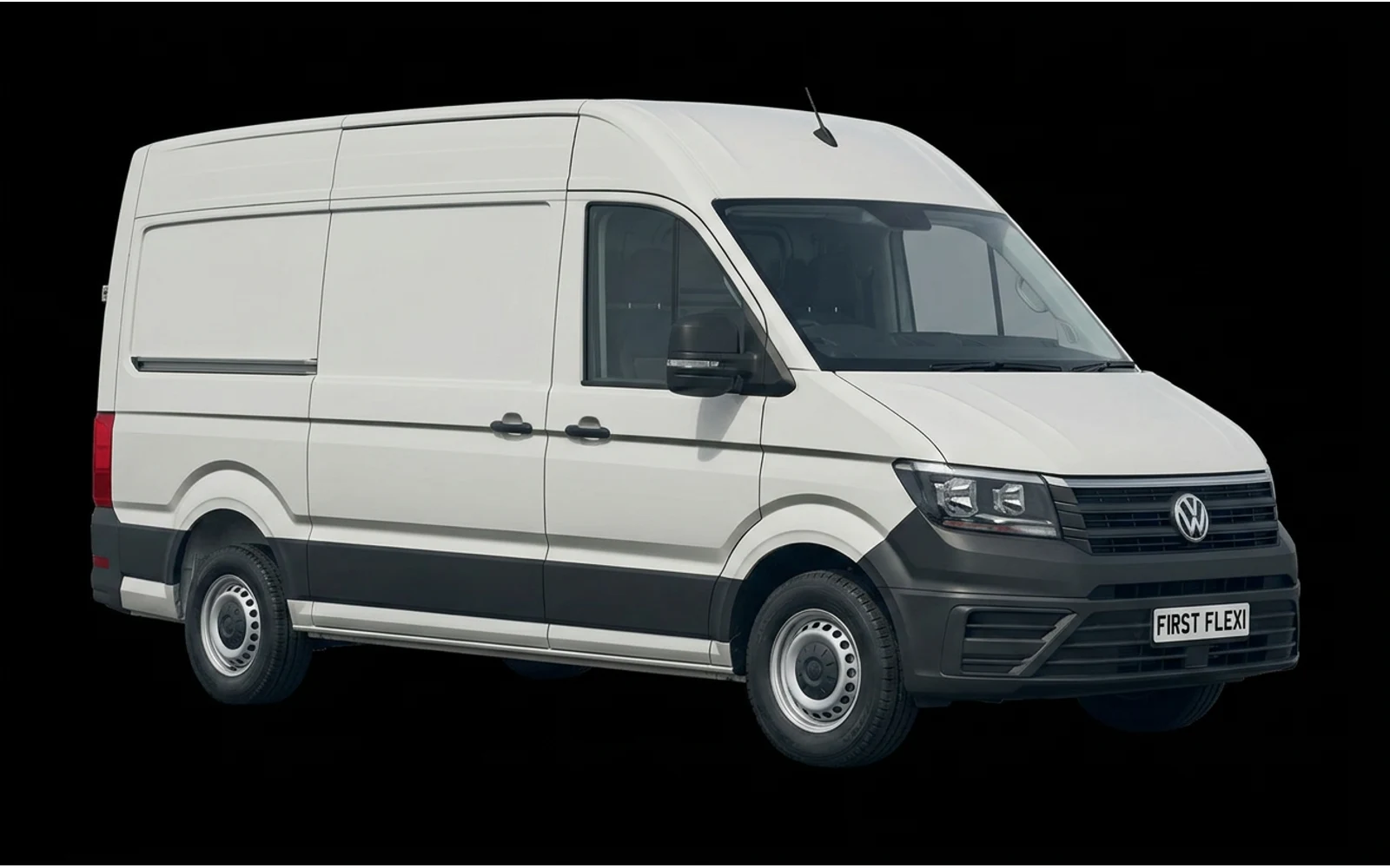White Volkswagen Crafter van shown from the side view.
