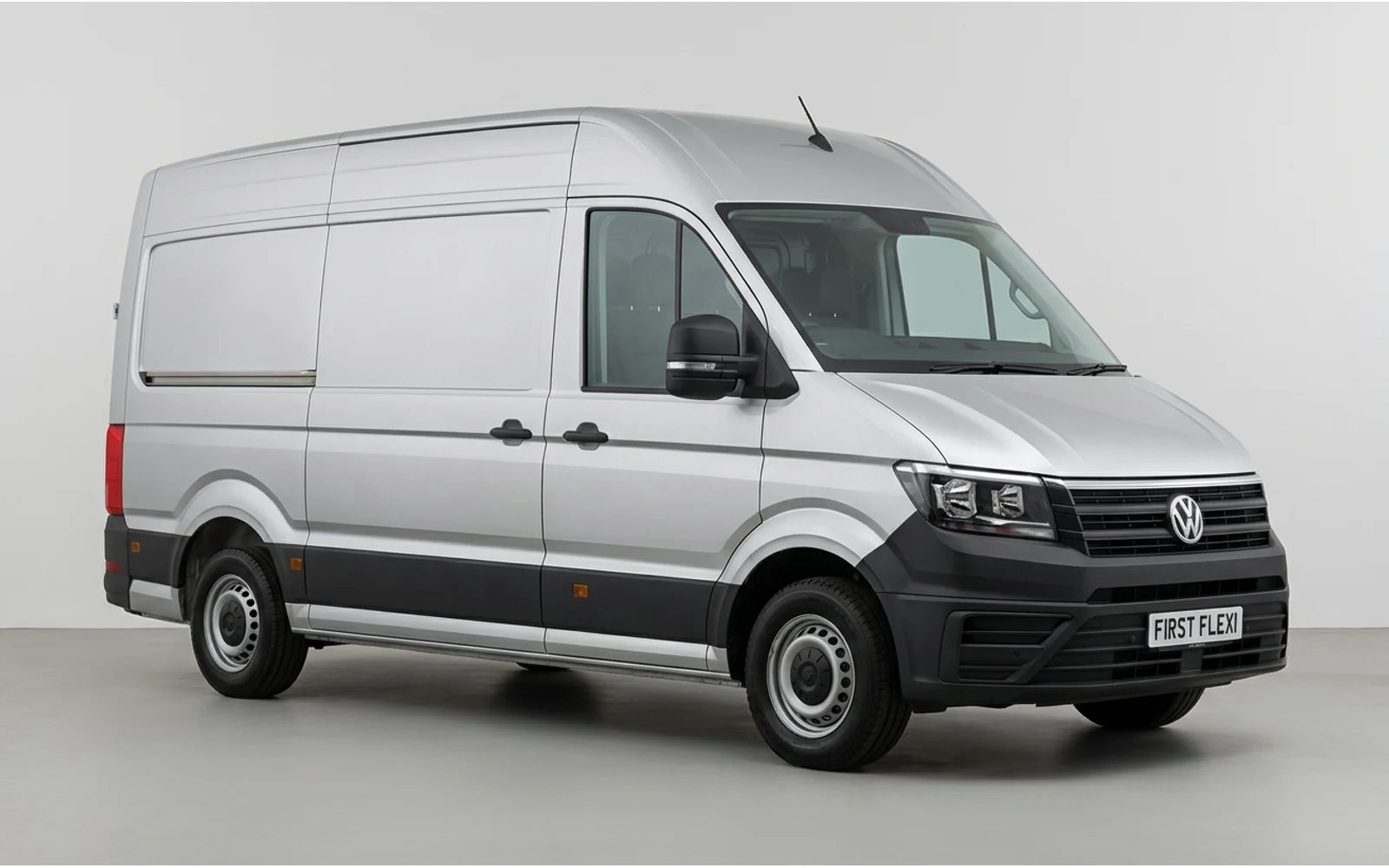 White Volkswagen Crafter van shown from the side view.