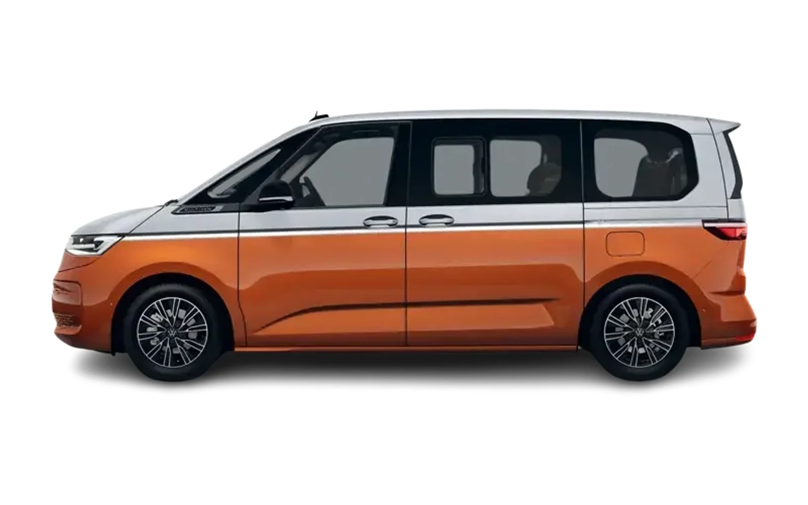 Side view of a two-tone orange and silver Volkswagen Multivan.