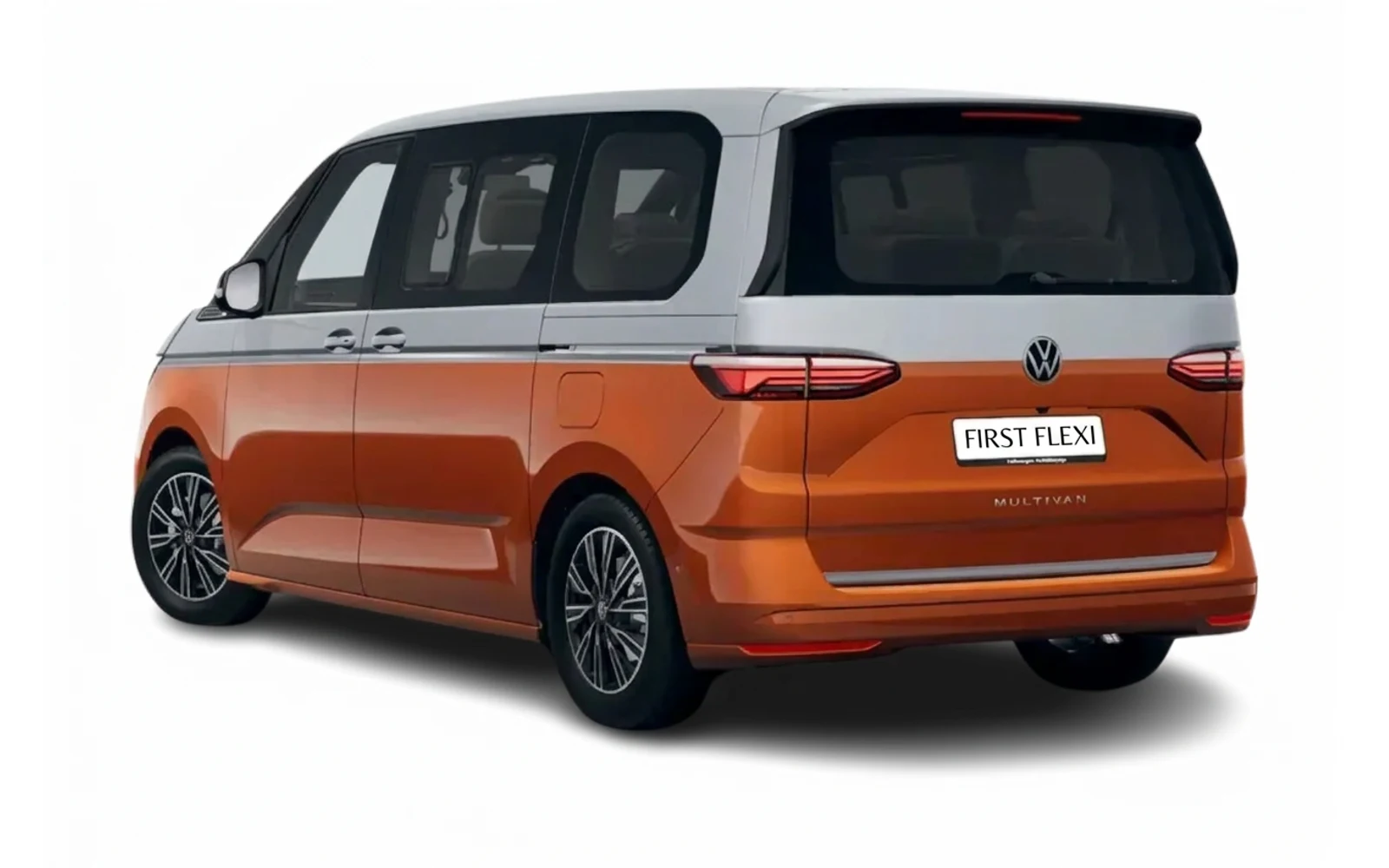 Rear three-quarter view of a two-tone orange and silver Volkswagen Multivan.