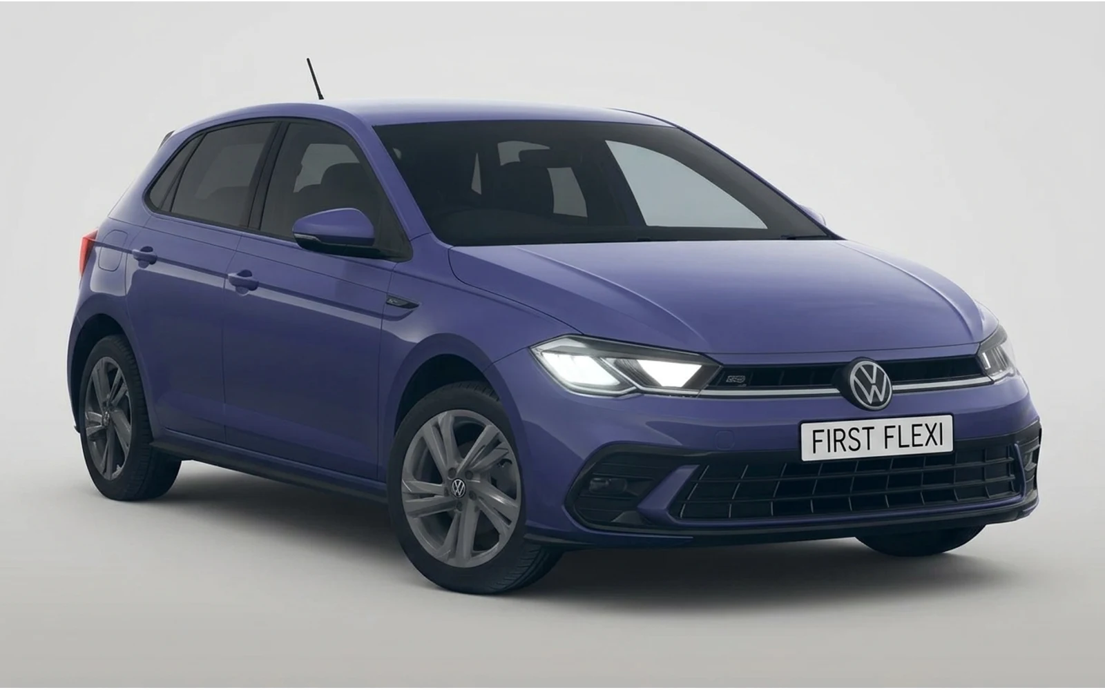 Front 3/4 view of a blue Volkswagen Polo.
