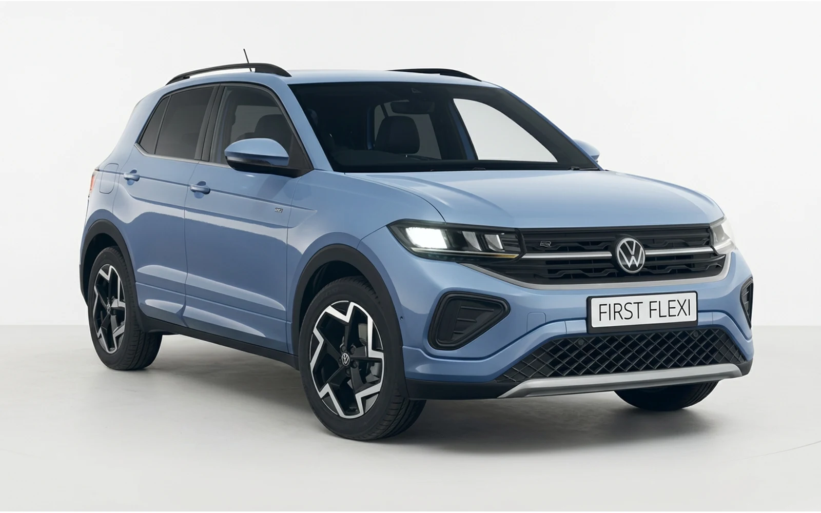Light blue Volkswagen T-Cross from a three-quarter front view.