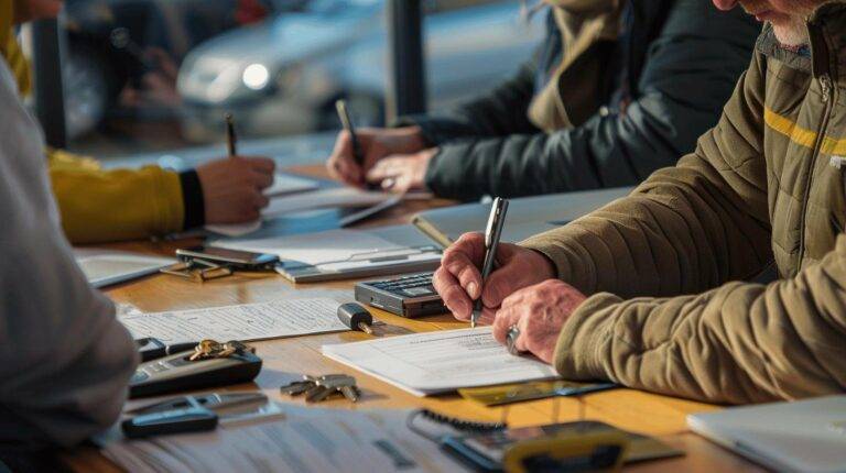 People filling out paperwork at a table, with key fobs and documents, indicating a car rental or sales setting.