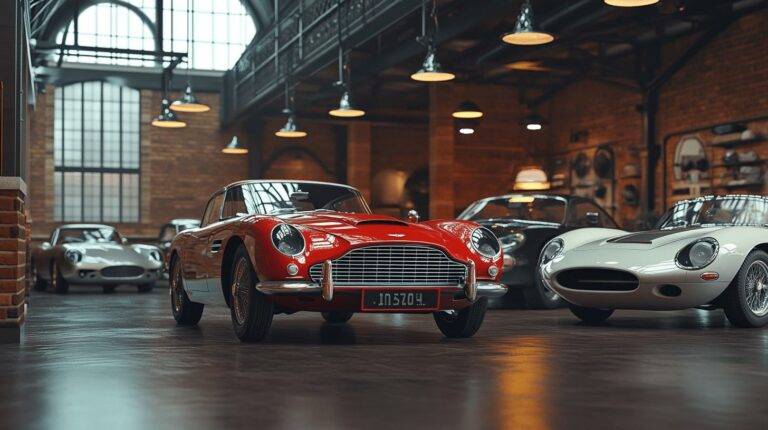Vintage red Aston Martin DB5 in a classic car showroom with other luxury sports cars