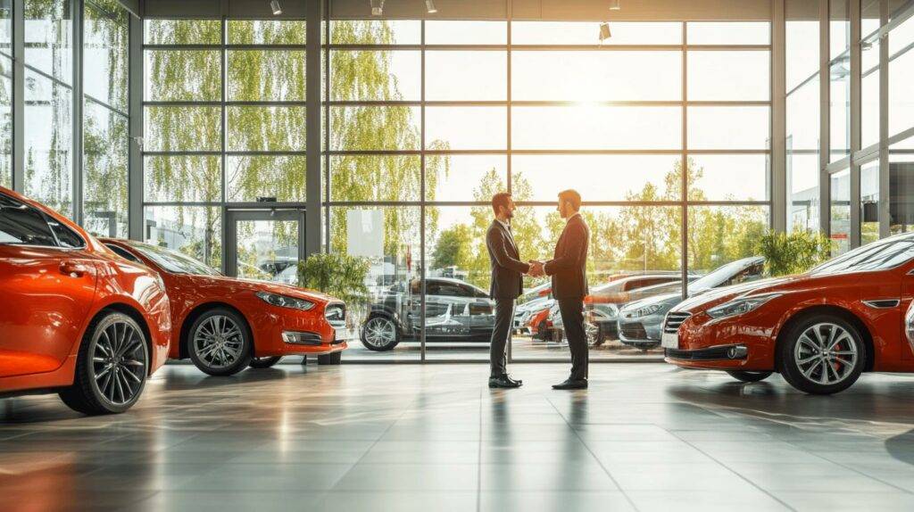 Two men shaking hands in a modern car showroom surrounded by red luxury vehicles