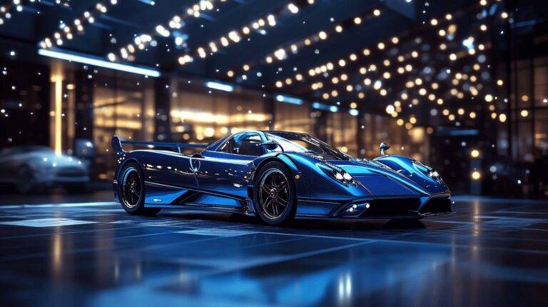 Blue Pagani Zonda HP Barchetta supercar displayed in a luxurious showroom with twinkling lights