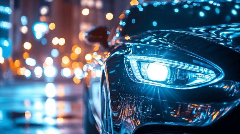 Close-up of a car's xenon headlight with blurred festive lights in the background