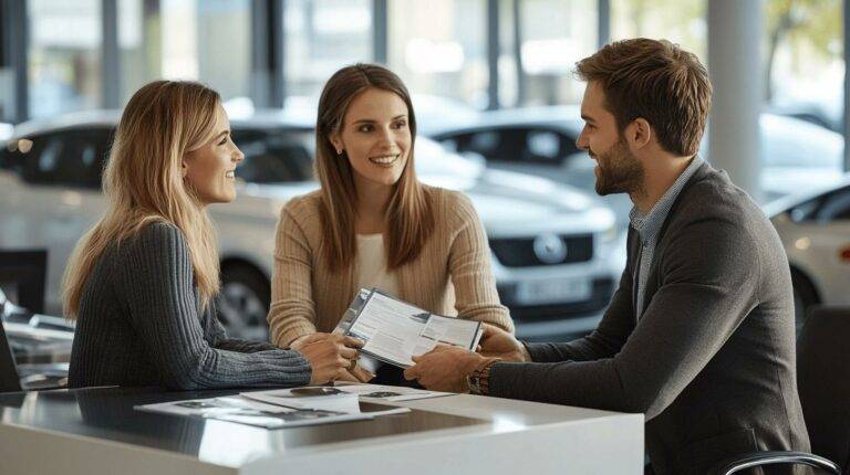 When Is A Good Time To Lease A Car 4Three people discussing paperwork at a car dealership, with vehicles visible in the background