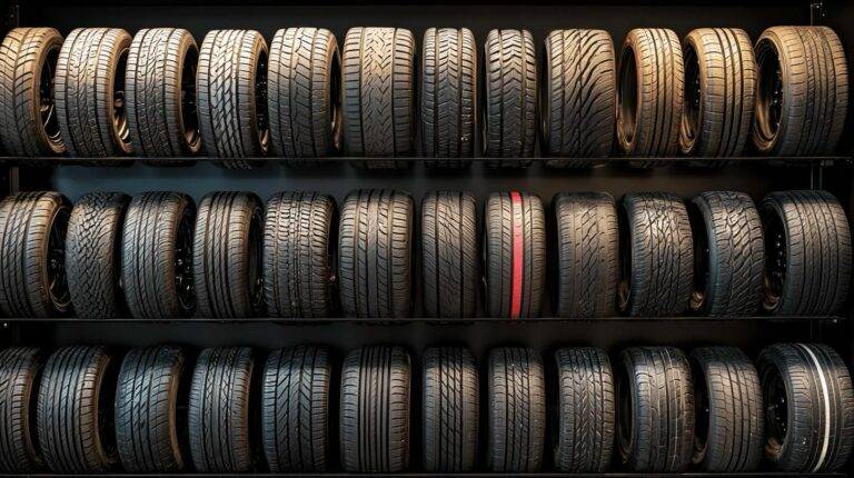 Rows of various car tyres on display shelves