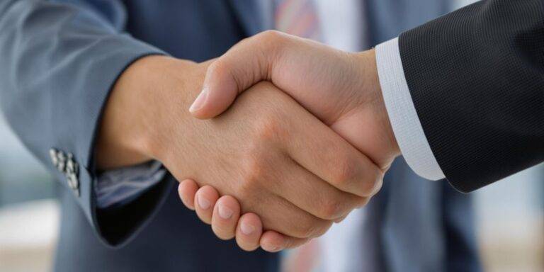 Two people shaking hands with a subtle background.