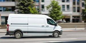 White van driving through a city street.