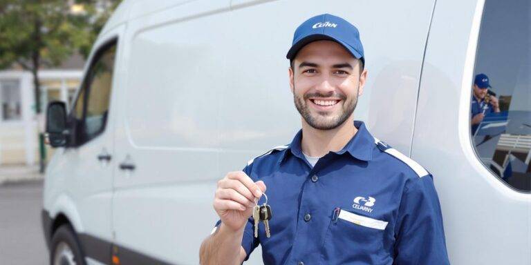 Van driver in uniform, holding keys, smiling.