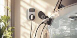 Electric vehicle plugged into a home charging station.