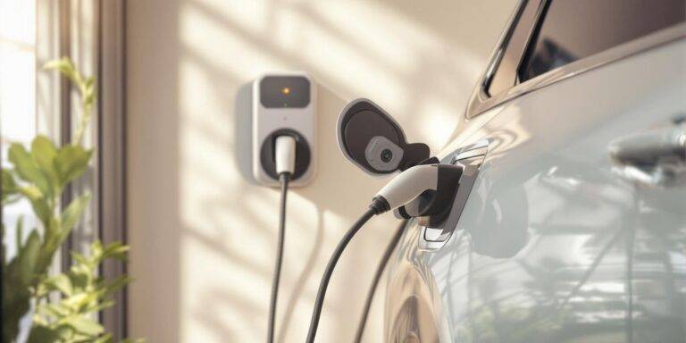 Electric vehicle plugged into a home charging station.