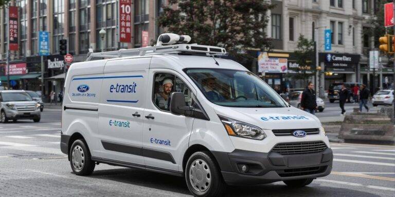 Ford E-Transit van navigating a city street.